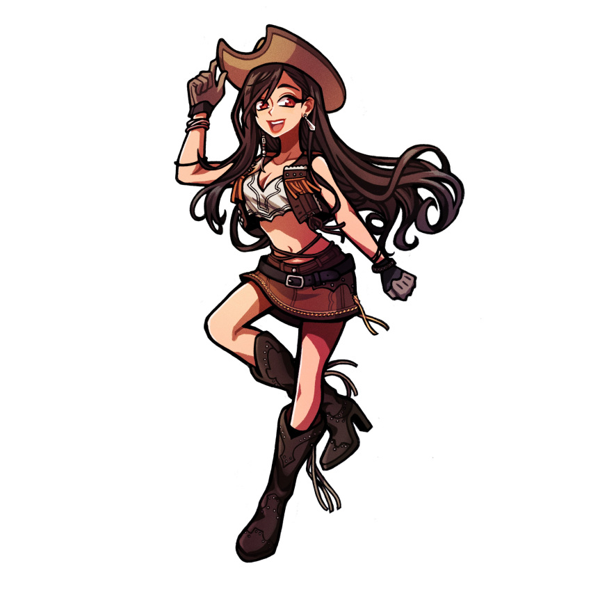 1girl absurdres adjusting_clothes adjusting_headwear beads black_footwear boots bracelet breasts brown_gloves brown_hair brown_skirt brown_vest cleavage collarbone cowboy_boots cowboy_hat crop_top cropped_vest dangle_earrings earrings final_fantasy final_fantasy_vii final_fantasy_vii_remake fringe_trim full_body gloves hair_beads hair_ornament hat highres jewelry leather_skirt leather_vest long_hair medium_breasts midriff miniskirt official_art open_mouth red_eyes seilidare shirt skirt smile solo swept_bangs tifa_lockhart tifa_lockhart_(cowgirl) vest white_background white_shirt