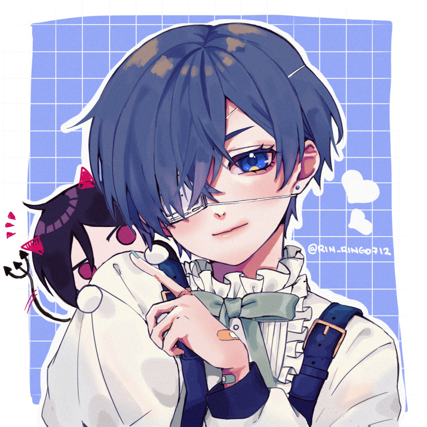 2boys artist_name bandaid bandaid_on_hand bishounen black_hair blue_background blue_eyes blue_hair blue_nails border butler chibi chibi_inset chibi_on_shoulder ciel_phantomhive demon_horns demon_tail drawn_horns drawn_tail earrings eyepatch eyewear_strap heart highres horns jewelry kodona kuroshitsuji lolita_fashion looking_at_viewer mob_face multiple_boys patterned_background pointing pointing_at_another purple_eyes ringo712 sebastian_michaelis short_hair smile tail twitter_username victorian white_border