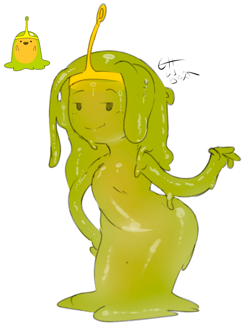 4_fingers absurd_res adventure_time alternate_form alternate_species apode butt cartoon_network cii_(artist) crown eyebrows featureless_chest female fingers front_view gold_crown goo_creature goo_humanoid green_body green_pseudo_hair headgear hi_res humanoid humanoidized leaning leaning_forward legless not_furry pseudo_hair signature simple_background slime_princess smile standing translucent translucent_body white_background