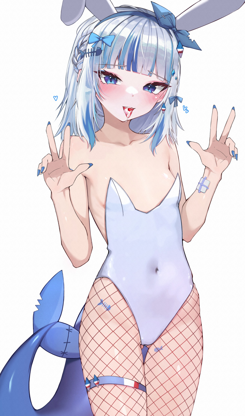 1girl :d absurdres animal_ears bare_shoulders blue_eyes blue_hair blue_nails blush breasts cherry covered_navel double_w fins fish_tail fishnet_pantyhose fishnets food fruit gawr_gura hair_ornament highres hololive hololive_english kkato medium_hair multicolored_hair pantyhose playboy_bunny rabbit_ears shark_tail simple_background small_breasts smile solo tail thigh_strap tongue tongue_out two-tone_hair virtual_youtuber w white_background