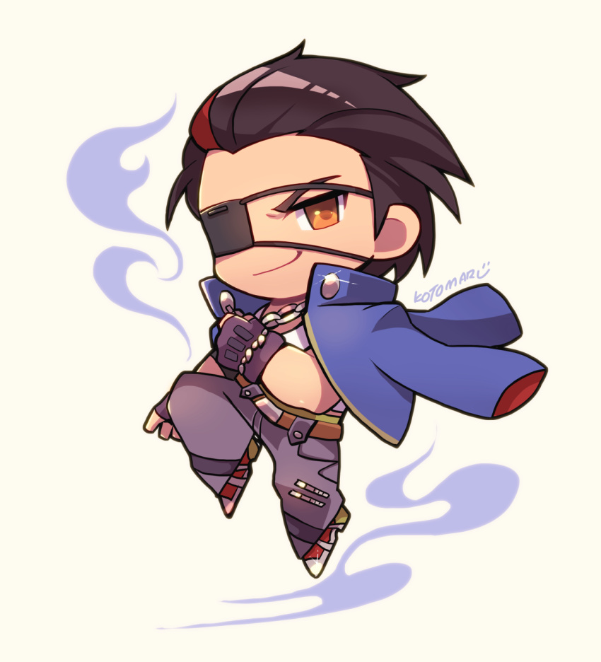 1boy belt black_gloves black_hair blue_coat brown_belt closed_mouth coat coat_on_shoulders eyepatch fingerless_gloves floating full_body glint gloves grey_pants hair_slicked_back highres hwoarang_(tekken) kotorai looking_at_viewer male_focus multicolored_hair no_nose orange_eyes pants red_footwear short_hair signature smile smug solo streaked_hair tekken white_background