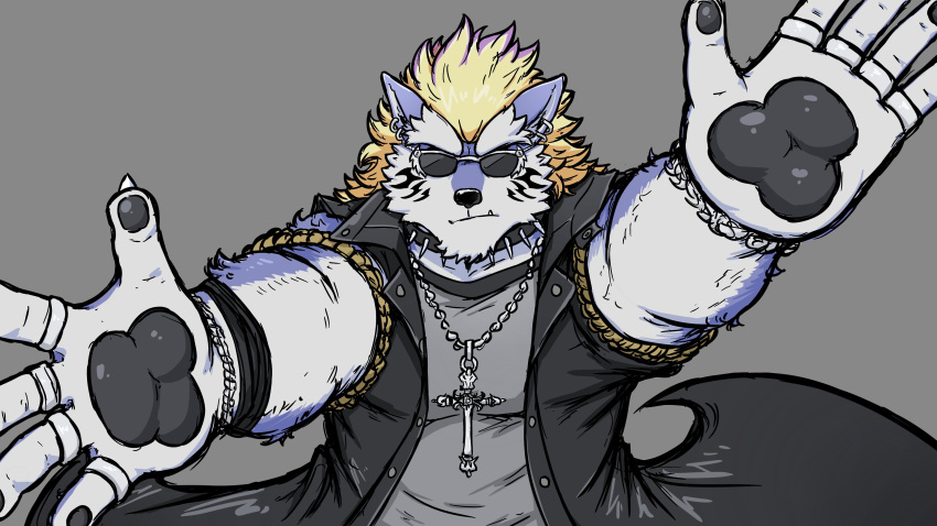 absurd_res anthro blue_body blue_fur bracelet canid canine canis clothing dark_topwear dyed-hair dynogreeno ear_piercing eyewear fenrir_(housamo) fur hair hi_res jewelry lifewonders male mammal piercing ring solo sunglasses tokyo_afterschool_summoners topwear video_games wolf