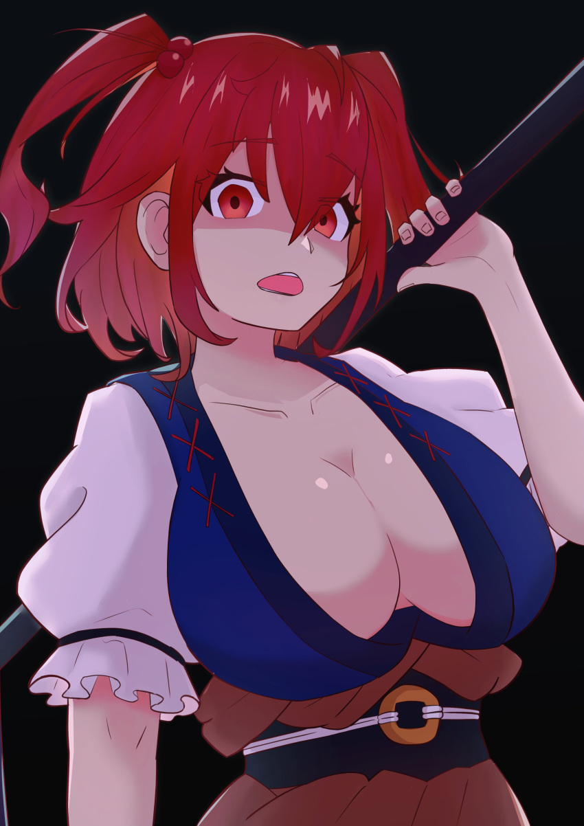 1girl absurdres black_background black_sash blue_vest breasts cleavage coin coin_on_string cookie_(touhou) fingernails frilled_sleeves frills hair_between_eyes hair_bobbles hair_ornament highres holding holding_scythe large_breasts looking_at_viewer onozuka_komachi open_mouth puffy_short_sleeves puffy_sleeves red_eyes red_hair sash scythe shaded_face shishou_(cookie) short_hair short_sleeves simple_background solo tatamaru5382 teeth touhou two_side_up upper_body vest