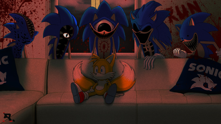 anthro blood bodily_fluids canid canine clone clothing creepy creepypasta demonic eulipotyphlan footwear fox furniture gloves group handwear hedgehog hi_res horror_(theme) male mammal miles_prower multi_tail nightmare_fuel on_sofa pillow ragnarium sega shoes sitting sitting_on_sofa sofa sonic.exe sonic.exe_(creepypasta) sonic_the_hedgehog_(series) tail text window worried