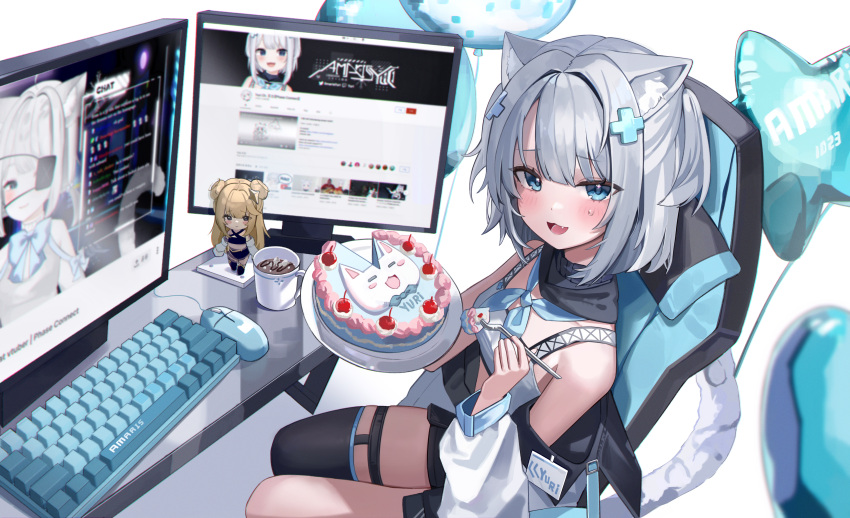 1girl absurdres animal_ear_fluff animal_ears balloon black_thighhighs blue_eyes blue_neckerchief blush cake chair character_doll cross_hair_ornament eyepatch fang food fork fuura_yuri grey_hair hair_ornament highres holding holding_fork keyboard_(computer) leopard_ears leopard_girl leopard_tail monitor mouse_(computer) neckerchief official_art open_mouth phase_connect short_hair single_thighhigh sitting star_balloon tail thighhighs virtual_youtuber whitebc