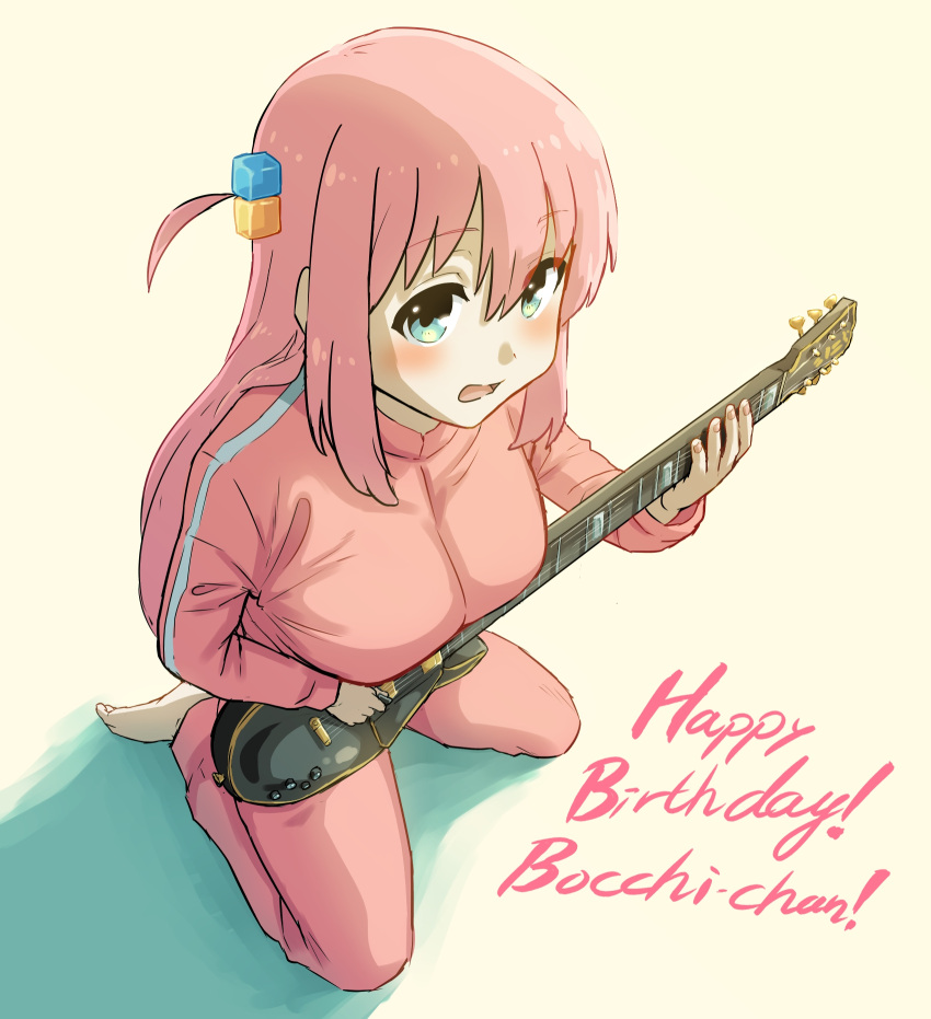 1girl blue_eyes blush bocchi_the_rock! breasts character_name cube_hair_ornament electric_guitar gotoh_hitori guitar gussuripii hair_between_eyes hair_ornament happy_birthday highres holding holding_instrument instrument jacket large_breasts long_hair long_sleeves looking_at_viewer one_side_up pants pink_hair pink_jacket pink_pants pink_track_suit seiza sitting solo track_jacket track_pants