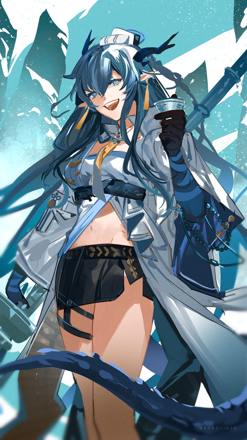 1girl :d absurdres arknights black_skirt blue_eyes blue_hair coat commentary_request cup feet_out_of_frame hair_between_eyes hand_up highres holding holding_cup horns ling_(arknights) long_hair long_sleeves looking_at_viewer magnolia29 miniskirt navel necktie open_clothes open_coat open_mouth pointy_ears shirt skirt smile solo standing stomach strapless strapless_shirt tail very_long_hair white_coat white_shirt yellow_necktie