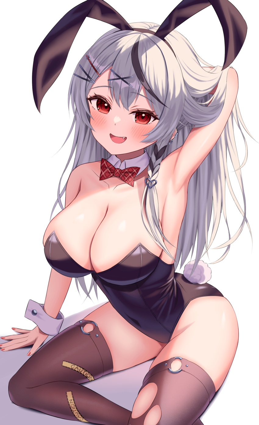 1girl absurdres animal_ears arm_behind_head black_hair black_leotard black_thighhighs braid breasts cleavage collar detached_collar earrings fake_animal_ears fake_tail fang grey_hair hair_ornament hairpin highres hololive jewelry kumoru_(kumoru_145) large_breasts leotard long_hair multicolored_hair nail_polish playboy_bunny rabbit_ears rabbit_tail red_eyes red_nails sakamata_chloe single_braid smile solo strapless strapless_leotard streaked_hair tail thighhighs torn_clothes torn_thighhighs virtual_youtuber white_background white_collar white_wrist_cuffs x_hair_ornament