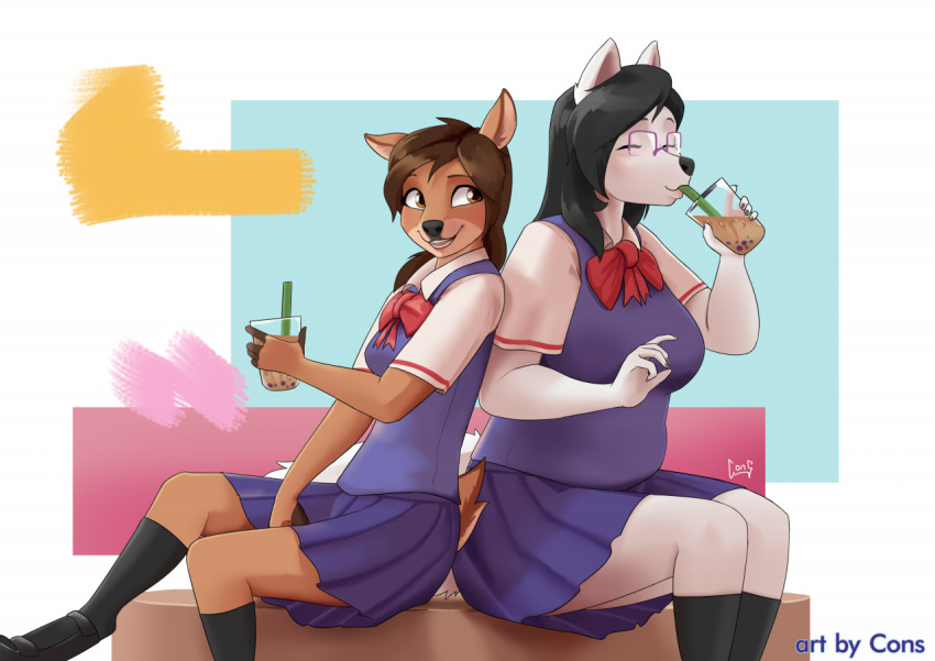 anthro beverage big_breasts black_hair bottomwear breast_size_difference breasts brown_body brown_fur brown_hair bubble_tea canid canine canis cervid clothed clothing drinking drinking_straw duo eyes_closed eyewear female footwear friends fully_clothed fur glasses hair konoha_(pwnagespartan) mammal pwnagespartan reiko_(pwnagespartan) school_uniform shoes sitting size_difference skirt socks uniform white_body white_fur wolf