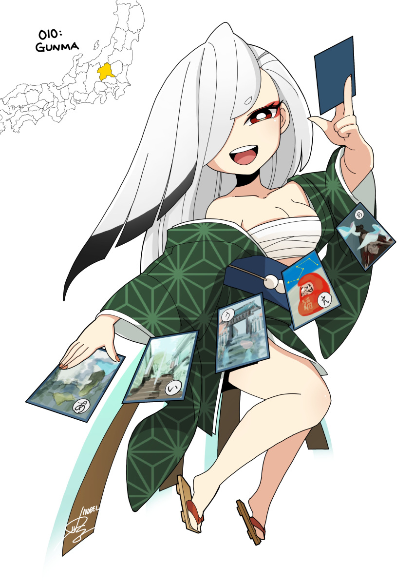 1girl :d absurdres black_hair breasts gunma_prefecture hair_over_one_eye highres japanese_clothes karuta_(card_game) kimono large_breasts long_hair multicolored_hair nobel_(nobel827) original personification red_eyes sarashi smile solo teeth two-tone_hair upper_teeth_only white_background white_hair