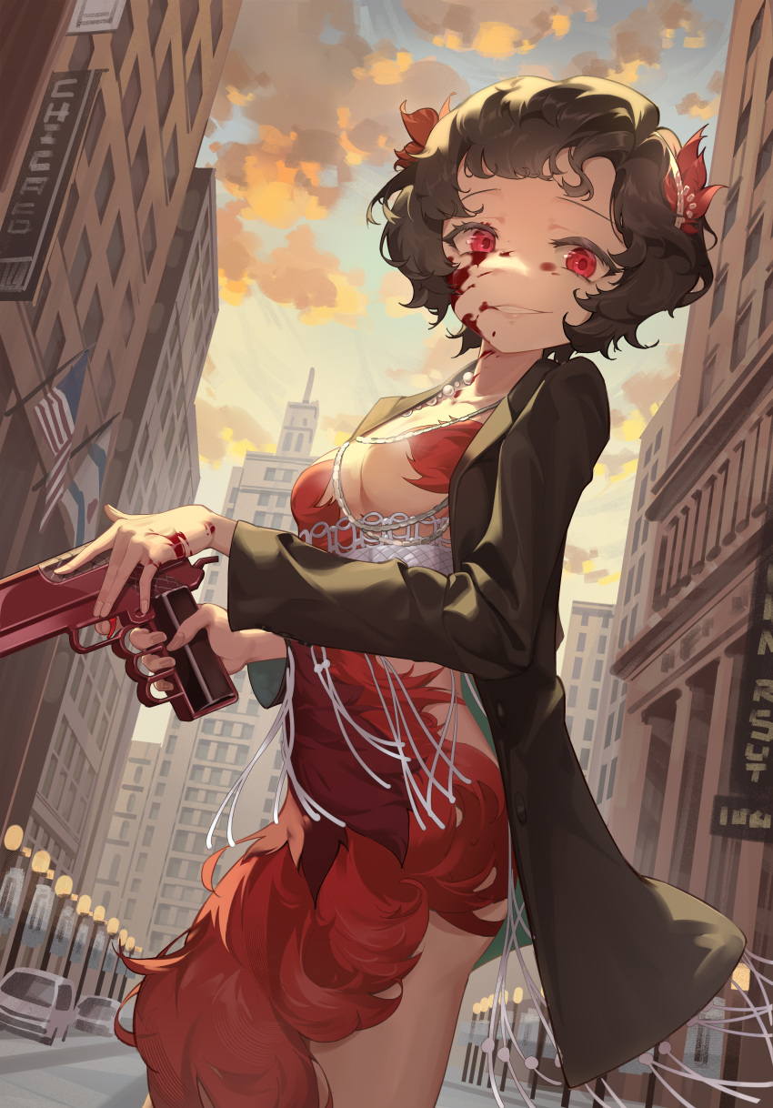 1girl absurdres black_coat black_hair blood blood_on_face blue_sky breasts building car chang_zhao_xiao_quan city cleavage cloud coat cowboy_shot dress evil_grin evil_smile facing_viewer feather_dress finger_on_trigger frog_hair_ornament from_side gradient_sky grin gun hair_ornament handgun highres holding holding_gun holding_weapon jewelry lamppost looking_to_the_side medium_breasts motor_vehicle necklace open_clothes open_coat red_dress red_eyes reverse:1999 road schneider_(reverse:1999) short_hair sky smile solo street teeth turning_head weapon