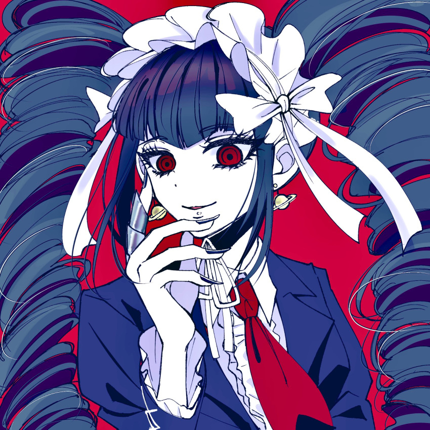 1girl black_jacket black_nails celestia_ludenberg center_frills claw_ring danganronpa:_trigger_happy_havoc danganronpa_(series) drill_hair earrings frills hand_up headdress highres jacket jewelry long_hair long_sleeves nail_polish necktie pale_skin red_background red_eyes red_necktie satori_(aosky9077) simple_background smile solo twin_drills twintails upper_body