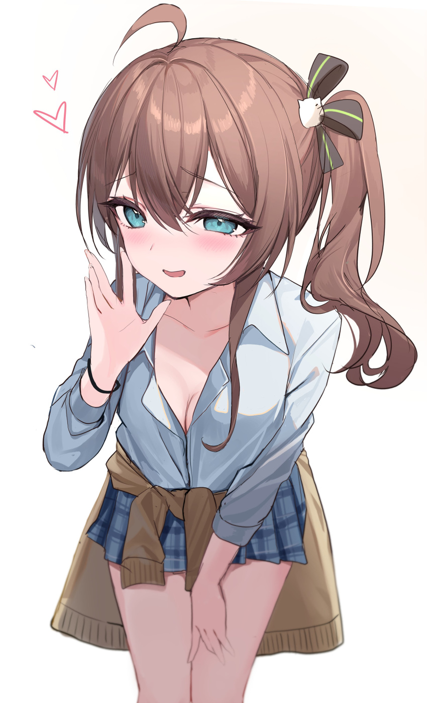 absurdres ahoge aqua_eyes blue_skirt blush bracelet breasts brown_hair cleavage collarbone collared_shirt double-parted_bangs hair_between_eyes hand_on_own_thigh hand_up hashtag_only_commentary heart highres hololive iruka3 jewelry leaning_forward long_sleeves looking_at_viewer natsuiro_matsuri open_mouth plaid plaid_skirt pleated_skirt school_uniform shirt side_ponytail sidelocks simple_background skirt smug virtual_youtuber white_background white_shirt