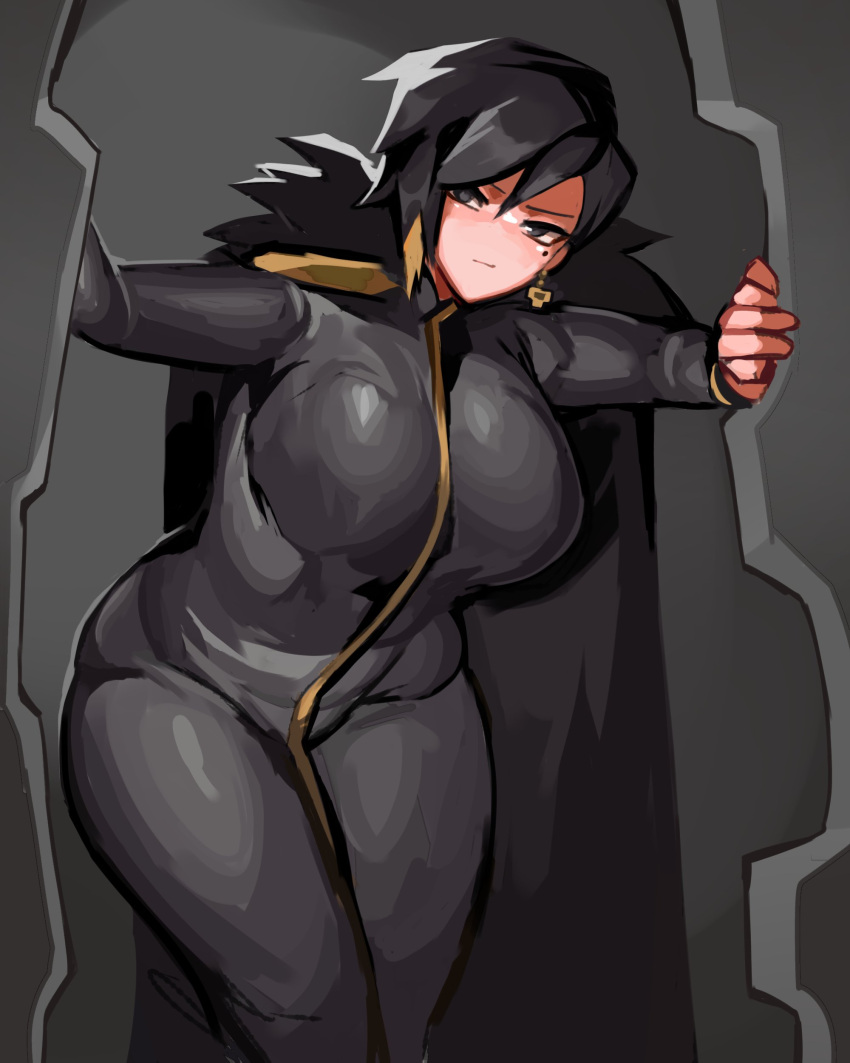 1girl absurdres bent_over binah_(project_moon) black_bodysuit black_cape black_eyes black_hair blonde_hair bodysuit breasts cape closed_mouth earrings full-length_zipper fur-trimmed_cape fur_trim highres holding jewelry large_breasts light_blush lobotomy_corporation mole mole_under_eye morchkins multicolored_hair project_moon short_hair single_earring solo streaked_hair thick_thighs thighs two-tone_hair zipper