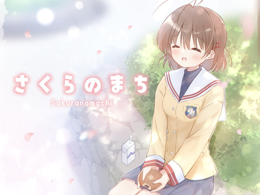 1girl ^_^ anpan antenna_hair blazer blue_skirt blush brown_hair carton circle_name clannad closed_eyes commentary_request cowboy_shot day facing_viewer falling_petals food furukawa_nagisa hair_ornament hairclip hikarizaka_private_high_school_uniform holding holding_food jacket juice_carton long_sleeves medium_hair miniskirt open_mouth outdoors petals pleated_skirt sailor_collar sakura_aki school_uniform sitting skirt smile solo sunlight turtleneck white_sailor_collar yellow_jacket