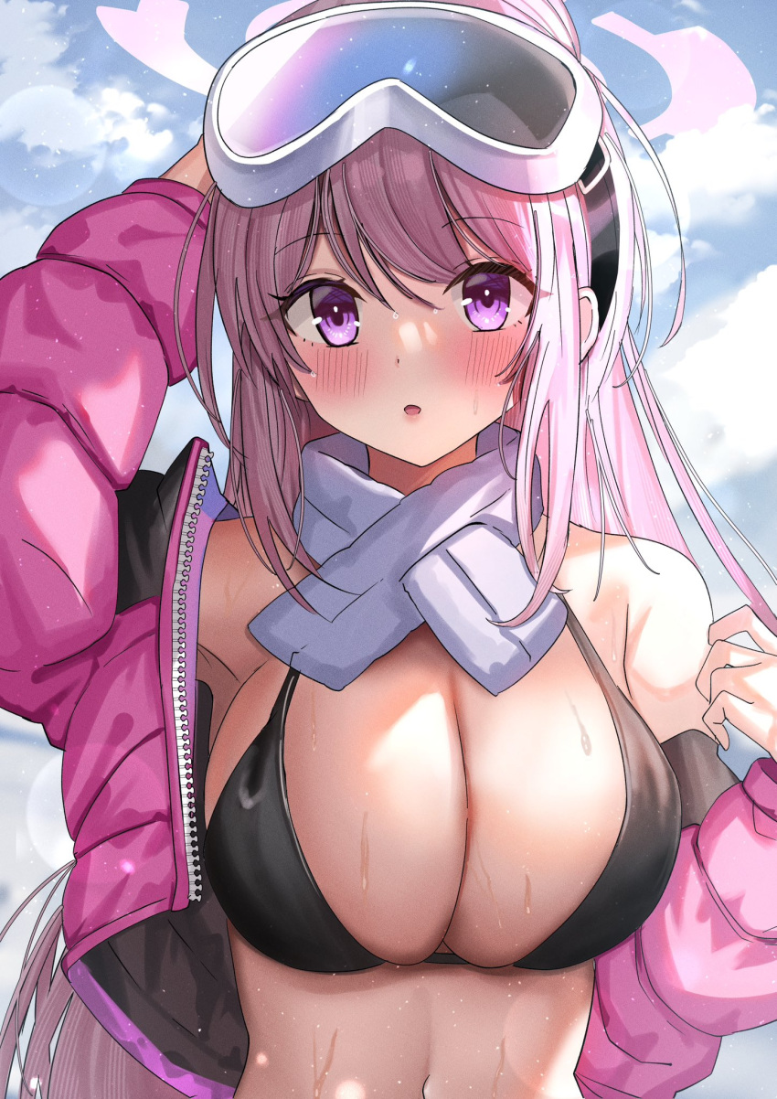 1girl :o ame_sagari arm_behind_head arm_up bikini black_bikini blue_archive blue_sky blush breasts cloud cloudy_sky day down_jacket eimi_(blue_archive) eimi_(swimsuit)_(blue_archive) goggles goggles_on_head hair_between_eyes halo hand_up highres jacket large_breasts long_hair looking_at_viewer off_shoulder official_alternate_costume open_clothes open_jacket outdoors parted_lips pink_eyes pink_hair pink_halo pink_jacket scarf single_bare_shoulder ski_goggles sky solo sweatdrop swimsuit upper_body white_scarf zipper