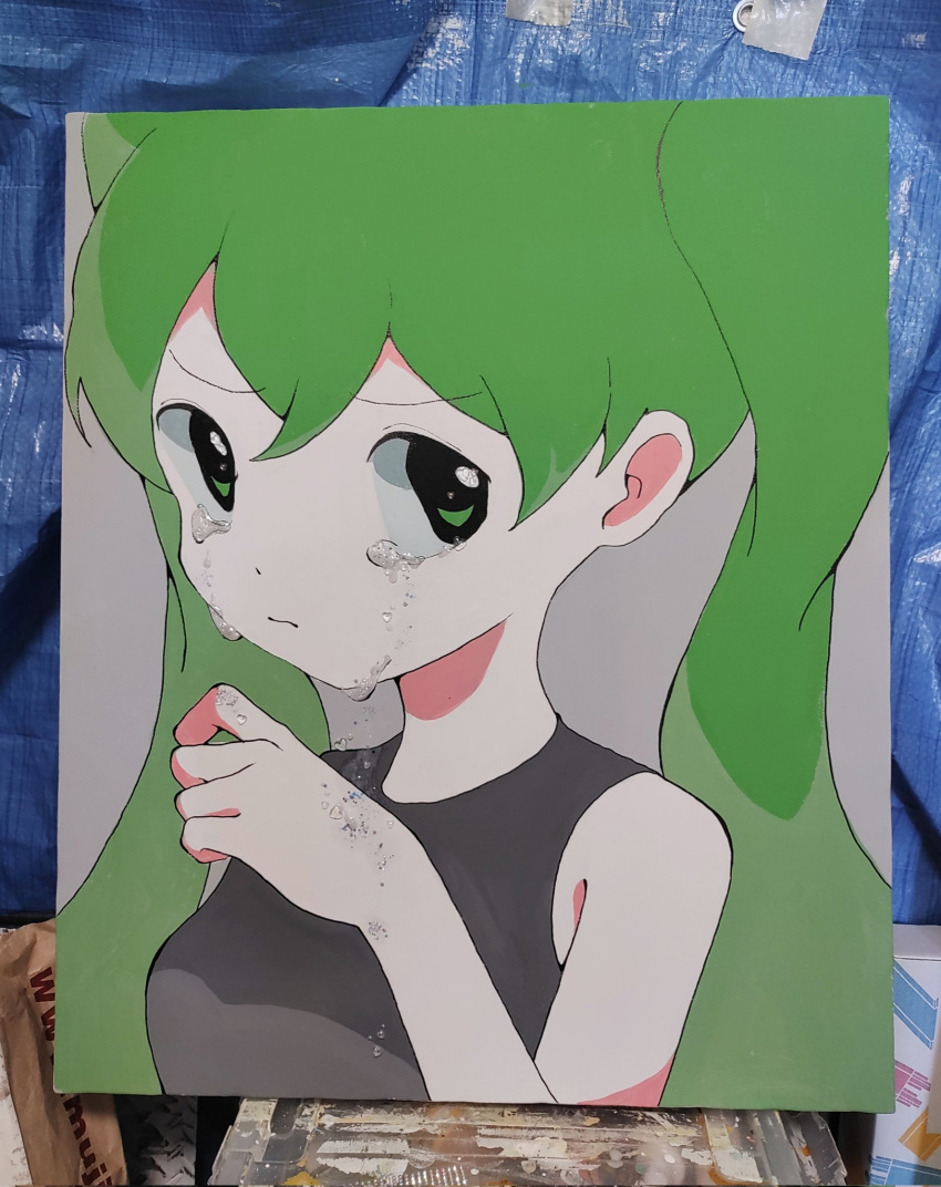 1girl acrylic_paint_(medium) bare_shoulders closed_mouth commentary_request crying crying_with_eyes_open green_eyes green_hair grey_background hand_up highres long_hair looking_at_viewer momoe_(mme_daigaku) original painting_(medium) photo_(medium) shirt sleeveless sleeveless_shirt solo tears traditional_media twintails unconventional_media upper_body