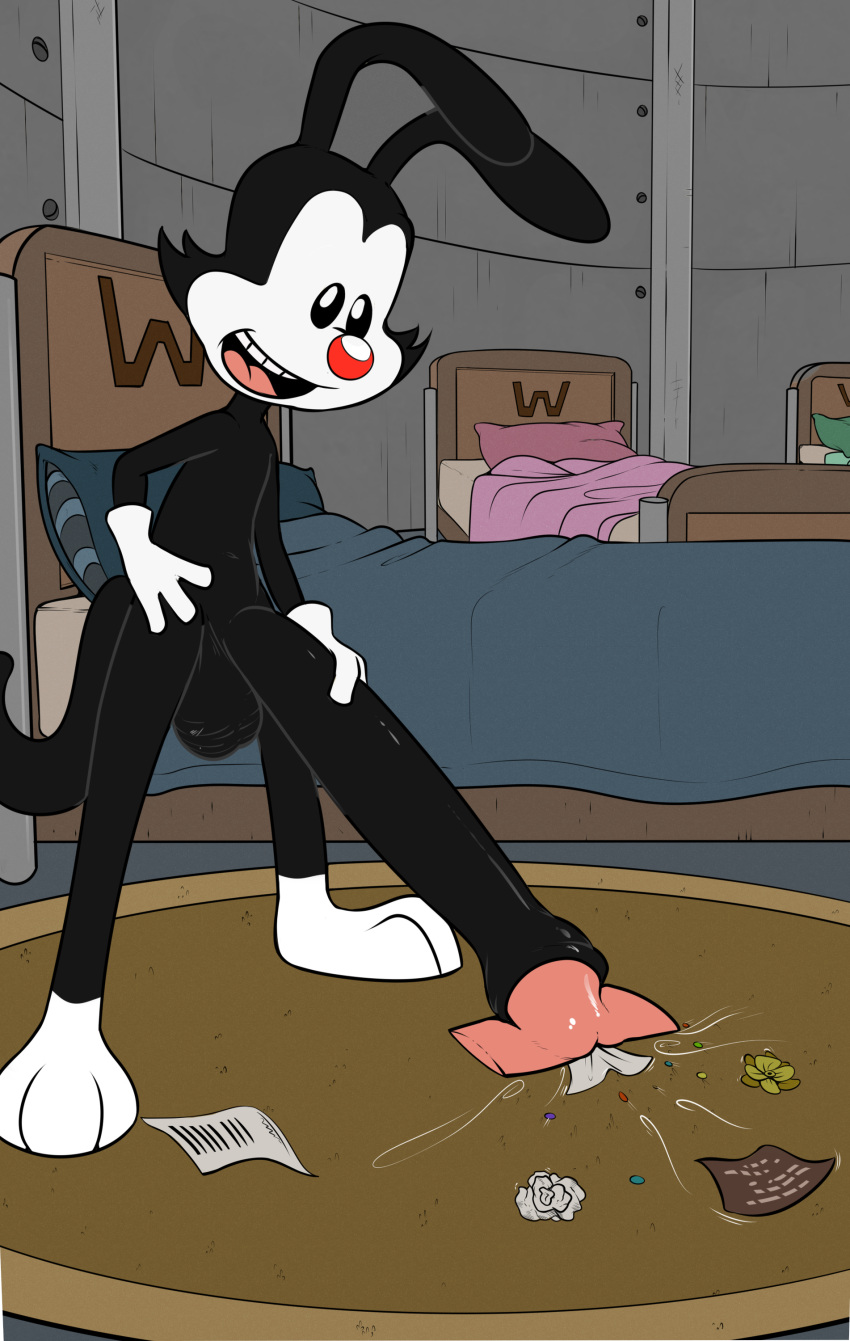 absurd_res animaniacs anthro balls bed big_balls big_penis black_body black_fur clothing cock_vore detailed_background digital_media_(artwork) drai_(artist) erection foreskin fur furniture genitals gloves handwear hi_res huge_balls huge_penis humanoid_genitalia humanoid_penis hyper hyper_genitalia hyper_penis inkblot long_penis male mammal nude object_in_penis object_vore open_mouth partially_retracted_foreskin penile penis smile solo unusual_anatomy unusual_genitalia unusual_glans unusual_penis vacuum_penis vore wakko_warner warner_brothers yakko_warner