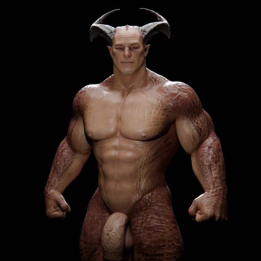 2_horns abs absurd_res animal_humanoid balls dragon dragon_humanoid genitals hi_res horn humanoid looking_at_viewer male mortal_kombat mortal_kombat_1 muscular muscular_humanoid muscular_male nipples pecs penis red_eyes scales shao_kahn solo vein veiny_penis voluox