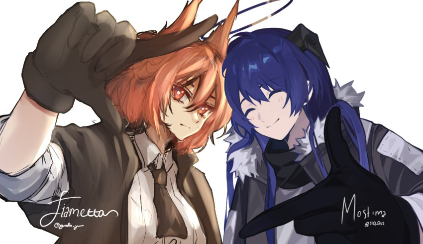 2girls ^_^ animal_ears arknights bird_ears black_halo black_jacket black_necktie black_scarf bright_pupils character_name closed_eyes collaboration collared_shirt demon_horns fiammetta_(arknights) finger_frame finger_frame_duo gazelle_jun hair_between_eyes hair_flowing_over halo hand_up horns jacket long_hair long_sleeves mostima_(arknights) multiple_girls necktie quanx70909457 red_eyes red_hair scarf shirt simple_background smile twitter_username upper_body white_background white_pupils white_shirt