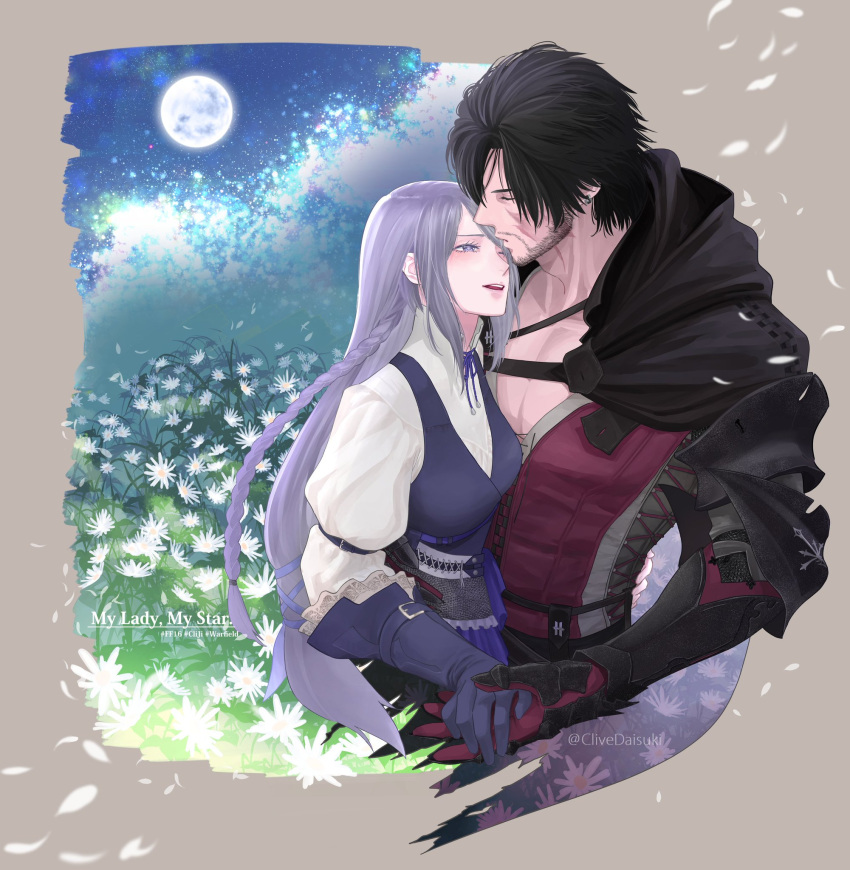 1boy 1girl armor beard_stubble black_hair braid chinstrap_beard clive_rosfield clivedaisuki closed_eyes comforting couple field final_fantasy final_fantasy_xvi flower flower_field frills gauntlets highres holding_hands hug jill_warrick kiss kissing_forehead looking_at_another moon night night_sky pectorals petals puffy_sleeves scar scar_on_face sky white_flower