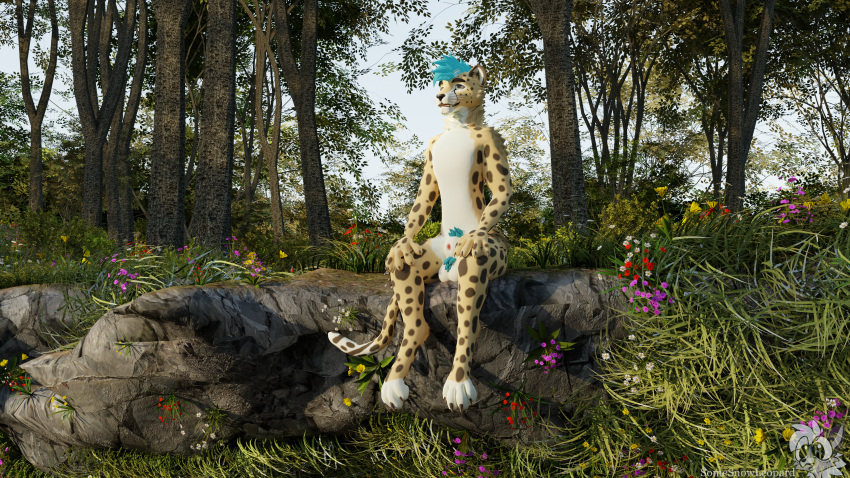 16:9 4k absurd_res animal_genitalia anthro balls blue_body blue_fur casual_nudity cheetah cliff english_text felid feline flower forest forest_background fully_sheathed fur genitals grass hi_res ledge male mammal nature nature_background nude outside penis penis_tip plant rock sheath sitting sitting_on_ground solo solo_focus somesnowleopard spots spotted_body spotted_fur text tree widescreen yellow_body