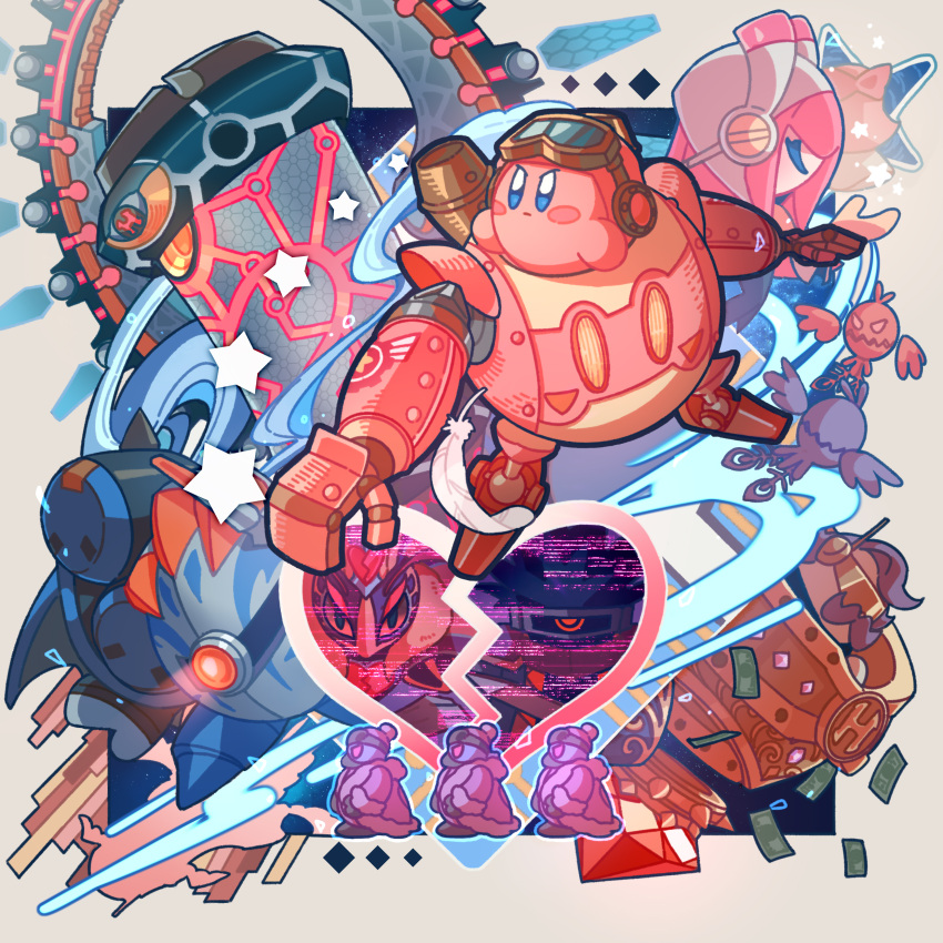 2girls 4boys absurdres banknote blue_eyes closed_eyes colored_skin dark_matter diamond_(shape) feathers gem glef_life goggles goggles_on_head heart highres king_dedede kirby kirby:_planet_robobot kirby_(series) max_profitt_haltmann money multiple_boys multiple_girls non-humanoid_robot pink_skin queen_sectonia red_gemstone robobot_armor robot sphere_doomer star_(symbol) susie_(kirby) v-shaped_eyebrows white_background white_feathers