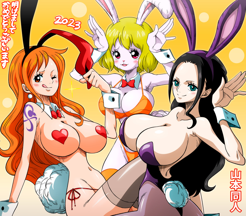 absurd_res anthro arm_tattoo big_breasts big_tail bikini black_hair blue_eyes blush blush_lines bodily_fluids breasts bunny_costume carrot_(one_piece) cleavage cleavage_overflow clothed clothing costume cotton_tail crossed_legs cuffs_(clothing) ear_piercing eyelashes fake_ears fake_rabbit_ears fake_rabbit_tail fake_tail female fur grey_clothing grey_legwear grey_thigh_highs group hair hi_res huge_breasts human japanese_text lagomorph legwear leotard leporid long_hair looking_at_viewer mammal minkmen_(one_piece) nami_(one_piece) navel nico_robin one_eye_closed one_piece open_mouth orange_background orange_bikini orange_clothing orange_eyes orange_hair orange_swimwear pasties piercing pink_eyes purple_clothing purple_leotard rabbit raised_arms red_bow_tie shoulder_tattoo simple_background small_waist smile sweat sweatdrop swimwear tail tan_body tan_skin tattoo text thick_thighs thigh_highs tongue tongue_out trio white_body white_fur wide_hips wink winking_at_viewer yamamoto_doujin