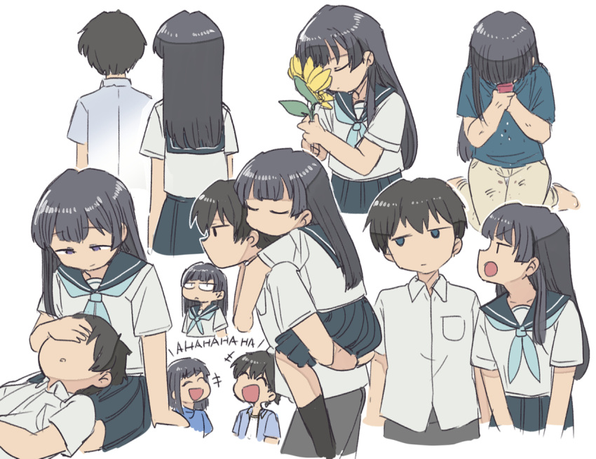 1boy 1girl :o arms_around_neck black_hair blue_eyes blue_neckerchief blue_sailor_collar blue_skirt breast_pocket brown_hair carrying cellphone closed_eyes collared_shirt commentary_request cropped_legs crying flip_phone flower hanashiro_anzu hand_on_another's_face hetero holding holding_flower holding_phone lap_pillow long_hair looking_ahead looking_at_another multiple_views natsu_e_no_tunnel_sayonara_no_deguchi neckerchief o_o open_mouth out_of_frame own_hands_together pants phone piggyback pleated_skirt pocket profile purple_eyes sailor_collar school_uniform serafuku shirt short_hair short_sleeves sideways_glance sitting skirt slit_pupils straight_hair sunflower touno_kaoru tsubobot v-shaped_eyebrows wariza white_shirt