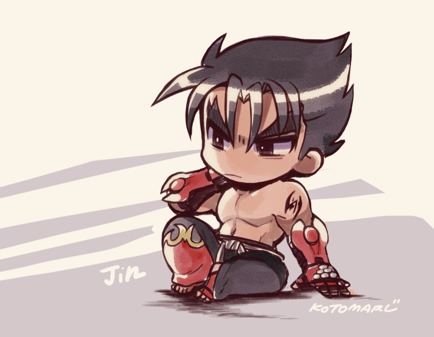 1boy arm_behind_head arm_support black_eyes black_hair black_pants character_name chibi flame_print gloves kazama_jin kotorai looking_to_the_side male_focus martial_arts_belt navel no_nose pants pectorals red_gloves short_hair shoulder_tattoo signature sitting solo studded_gloves tattoo tekken topless_male v-shaped_eyebrows