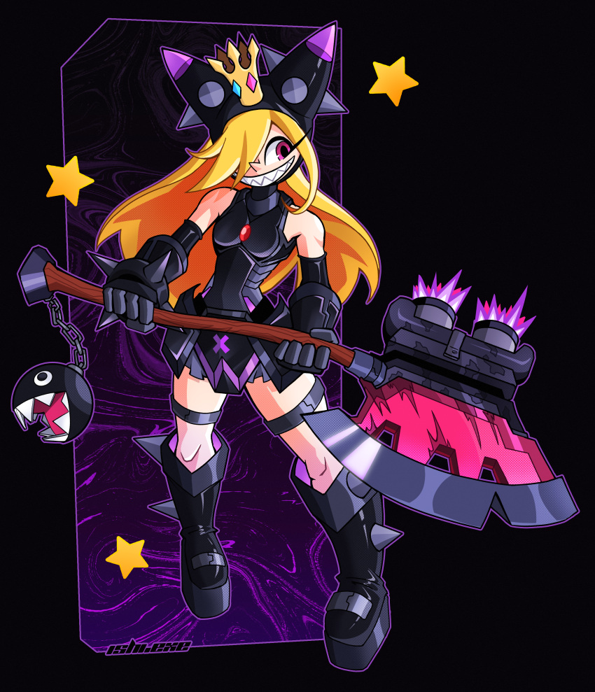 1girl absurdres adapted_costume artist_name axe black_background black_dress black_footwear black_gloves blonde_hair boots bracelet breasts chain_chomp crazy_smile crown dress full_body gloves hair_over_one_eye highres holding holding_axe ishiexe jewelry mario_(series) mario_power_tennis mario_tennis red_eyes smile solo spiked_bracelet spikes star_(symbol) warupeach