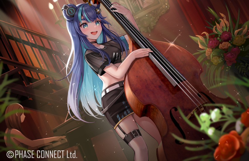 2girls animal_ears aqua_hair bear_ears bear_girl belt black_belt black_choker black_garter_straps black_shirt black_shorts blue_eyes blue_hair breasts cello choker colored_inner_hair copyright_notice crop_top flower fujikura_uruka garter_straps hair_ornament headphones instrument moguta_(moguta9) multicolored_hair multiple_girls official_art open_mouth phase_connect piano plant red_flower shirt shorts stairs streaked_hair thigh_belt thigh_strap