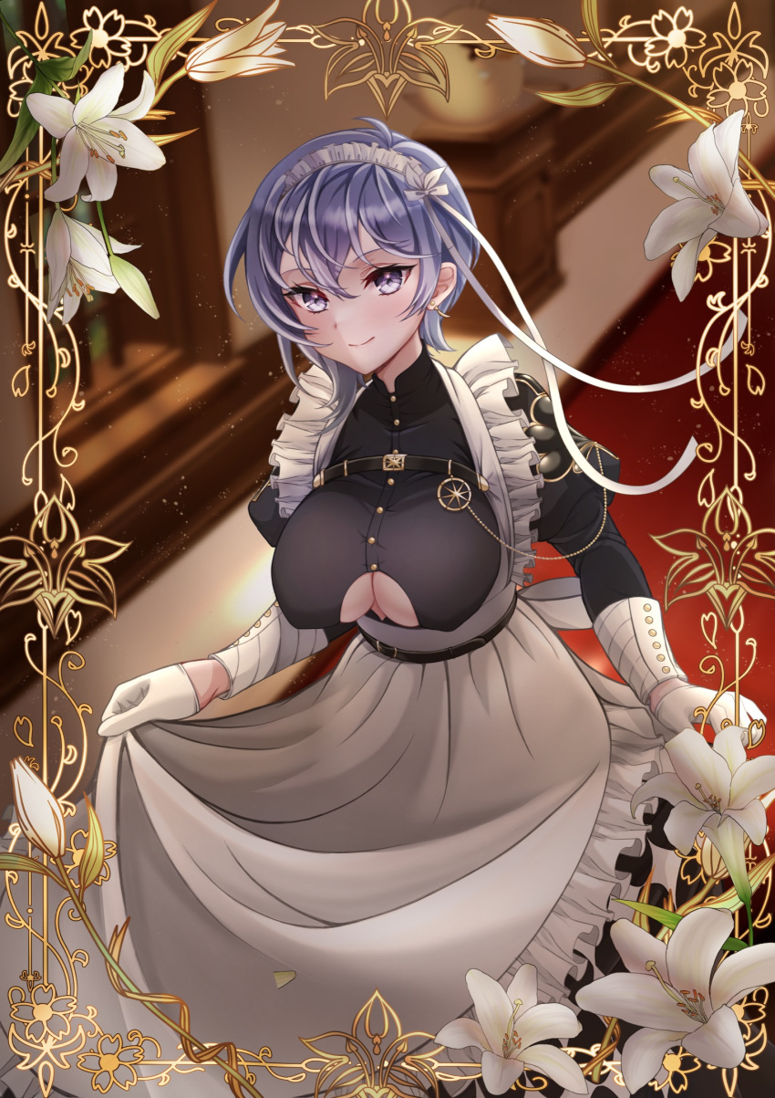 1girl apron azur_lane bellona_(armed_to_clean)_(azur_lane) bellona_(azur_lane) belt black_belt black_shirt blue_eyes blue_hair blurry blurry_background breasts buttons chest_strap closed_mouth clothing_cutout earrings flower frilled_apron frills gloves highres holding_apron irasuto_neko35 jewelry maid maid_headdress puffy_sleeves shirt smile solo underboob underboob_cutout white_apron white_flower white_gloves