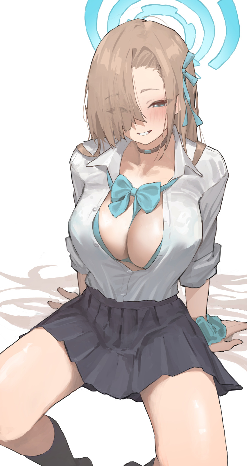 1girl absurdres asuna_(blue_archive) black_skirt black_socks blue_archive blue_bow blue_bowtie blue_halo blue_scrunchie blush bow bowtie breasts brown_hair choker cleavage commentary cropped_legs grin hair_over_one_eye halo highres hwoi_(hw_123) invisible_chair large_breasts parted_bangs partially_unbuttoned school_uniform scrunchie shirt simple_background sitting skirt sleeves_rolled_up smile socks solo thighs white_background white_shirt wrist_scrunchie