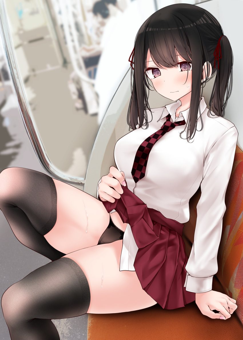 1girl black_eyes black_hair black_panties black_thighhighs blush breasts checkered_necktie closed_mouth clothes_lift commentary_request highres knee_up large_breasts lifted_by_self long_sleeves necktie oouso original panties red_necktie red_skirt shirt sitting skirt skirt_lift solo sweat thick_thighs thighhighs thighs train_interior twintails underwear white_shirt