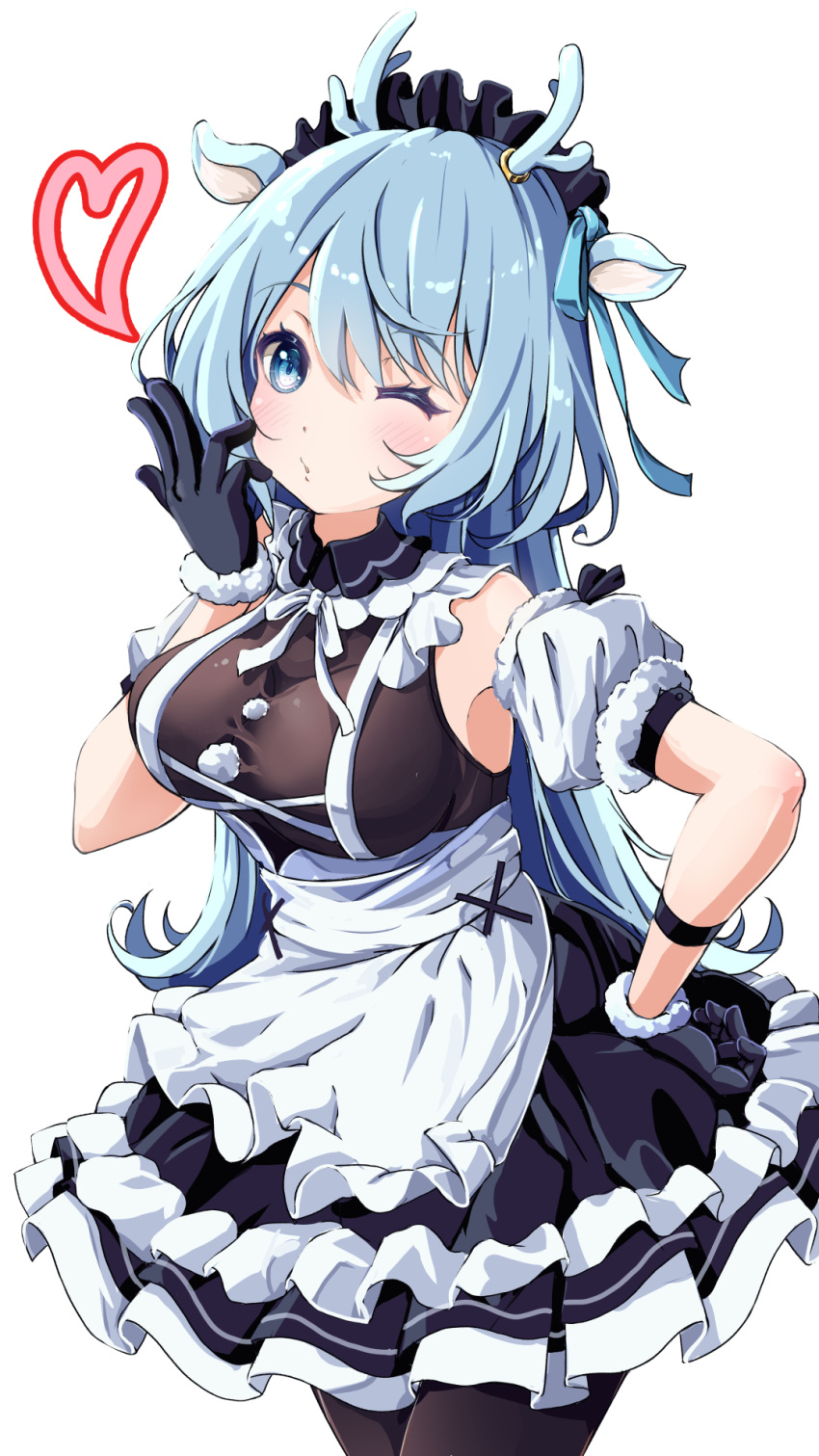 1girl animal_ears antler_ornament antlers apron arm_garter arm_strap black_gloves black_pantyhose blue_eyes blue_hair blue_ribbon blush breasts chibimame deer_ears dress frilled_dress frills fur-trimmed_gloves fur_trim gloves hair_ribbon hakushika_iori heart highres large_breasts long_hair maid maid_headdress neck_ribbon one_eye_closed pantyhose phase_connect pom_pom_(clothes) ribbon sleeveless sleeveless_dress solo virtual_youtuber waist_apron white_apron white_ribbon