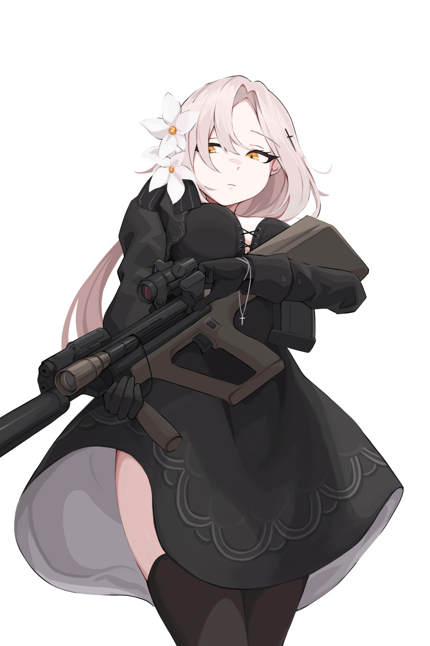 1girl absurdres assault_rifle aug_(girls'_frontline) black_dress black_eyeliner black_gloves breasts center_cross_lace closed_mouth copycat001 cross cross_hair_ornament cross_necklace dress expressionless eyelashes eyeliner flashlight flower girls'_frontline gloves gun hair_between_eyes hair_flower hair_ornament highres holding holding_gun holding_weapon jewelry long_hair makeup necklace ponytail rifle solo thighhighs thighs vertical_foregrip weapon white_hair yellow_eyes