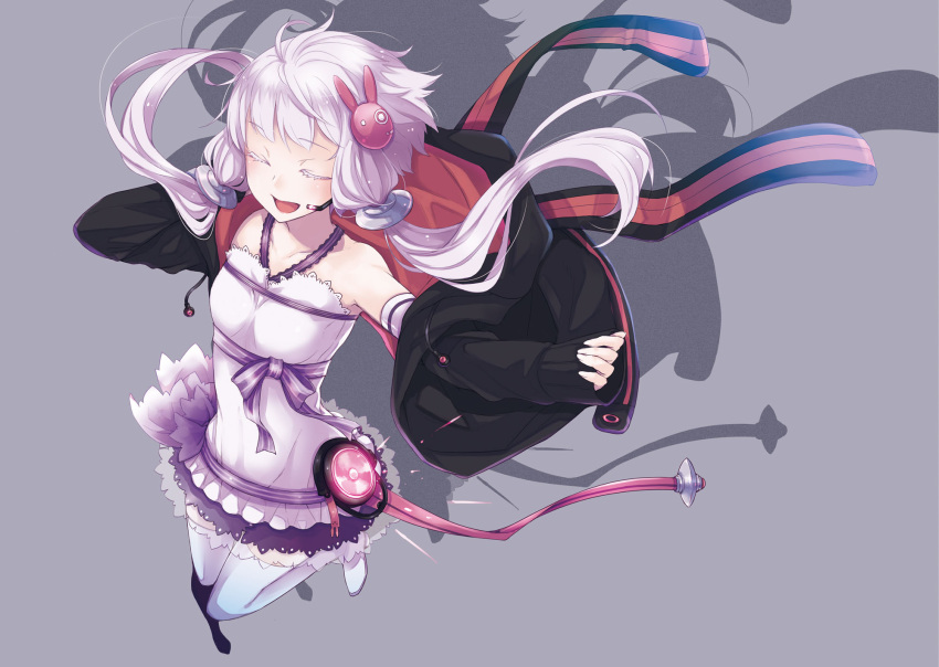 1girl ayakura_juu closed_eyes dress full_body grey_background hair_ornament halter_dress halterneck headset highres hood hoodie long_hair open_clothes open_hoodie open_mouth purple_hair rabbit_hair_ornament short_dress short_hair_with_long_locks smile solo thighhighs twintails vocaloid voiceroid white_thighhighs yuzuki_yukari