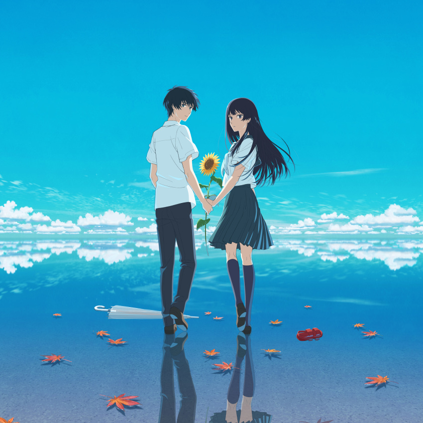 1boy 1girl absurdres album_cover black_footwear black_hair black_pants black_sailor_collar black_skirt blue_eyes blue_sky blue_socks cloud collared_shirt cover floating_hair flower from_behind hanashiro_anzu hetero highres holding holding_flower holding_hands horizon kneehighs leaf long_hair looking_at_viewer looking_back maple_leaf natsu_e_no_tunnel_sayonara_no_deguchi nature neckerchief official_art outdoors pants pleated_skirt purple_eyes reflection reflective_water sailor_collar sandals scenery school_uniform serafuku shirt shoes short_hair single_sandal skirt sky socks sunflower touno_kaoru transparent transparent_umbrella umbrella unworn_sandals walking white_neckerchief white_shirt wide_shot