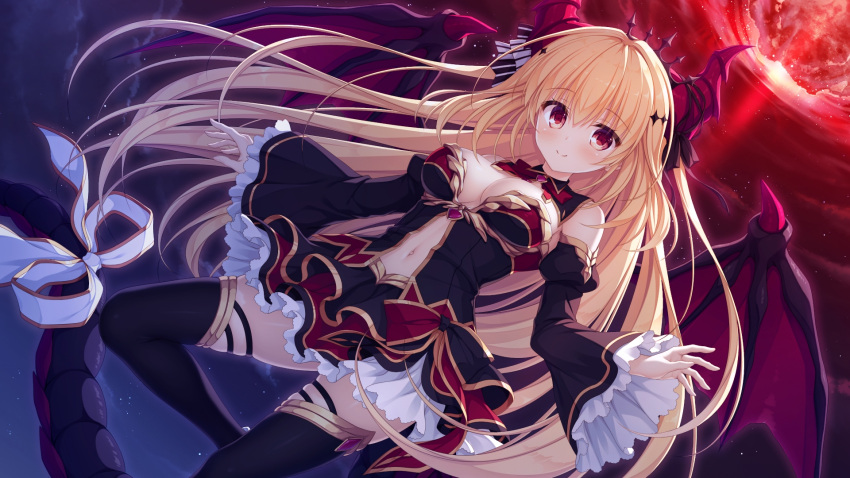 1girl bangs black_thighhighs blonde_hair blush breasts cleavage detached_sleeves dragon_girl dragon_horns dragon_tail dragon_wings drapri_guu-ta-life drapri_guu-ta-life_3 game_cg haru_(drapri_guu-ta-life) highres horns long_hair looking_at_viewer miniskirt navel night night_sky photoshop_(medium) red_eyes ribbon skirt sky smile solo tail tail_ornament tail_ribbon takano_yuki_(allegro_mistic) thighhighs wings