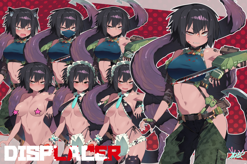 1girl animal_ears arm_blade arm_tattoo bare_shoulders belt_pouch bikini black_bikini black_hair blood blood_on_face blood_on_weapon blush breasts cargo_pants cat_ears censored censored_nipples character_name clenched_teeth commentary_request cowboy_shot crop_top embarrassed expressions frilled_bikini frills frown green_pants highres hip_vent kometsubu large_breasts maid maid_bikini maid_headdress mask midriff mouth_mask navel nude orange_eyes pants polka_dot polka_dot_background pouch pretzel_bikini red_background sanpaku sharp_teeth short_hair star_censor swimsuit tattoo teeth unconventional_maid v-shaped_eyebrows variations ventangle weapon wide-eyed