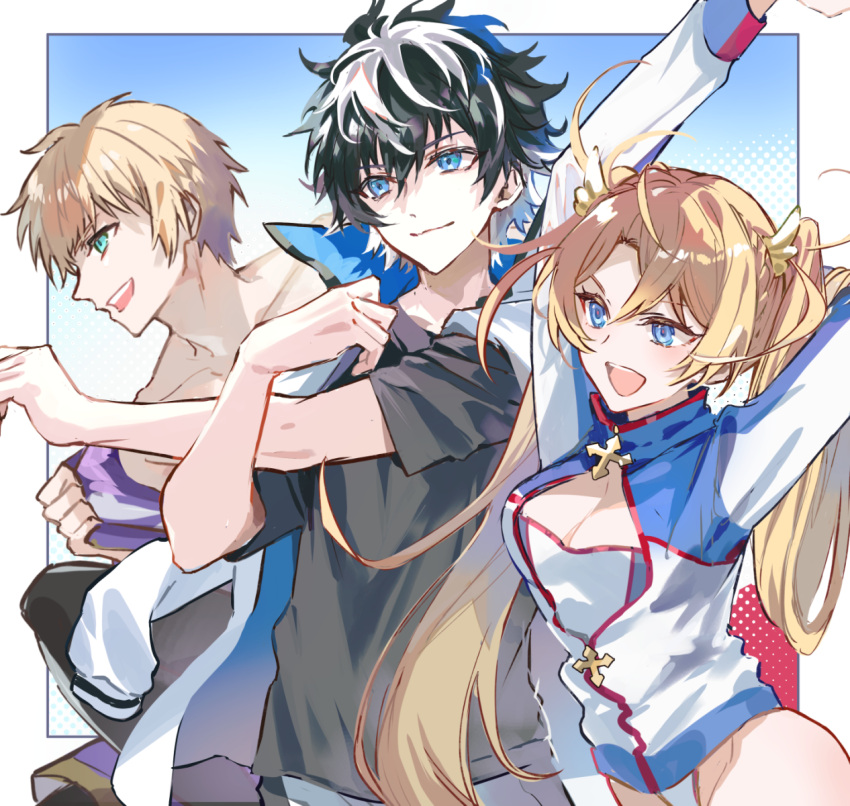 1girl 2boys :d aqua_eyes arms_up black_hair black_shirt blonde_hair blue_background blue_eyes blue_jacket blush border bradamante_(fate) breasts cape charlemagne_(fate) cleavage_cutout clothing_cutout fate/grand_order fate_(series) highres jacket long_hair looking_to_the_side medium_breasts multicolored_hair multiple_boys outside_border poppoman roland_(fate) shirt short_hair smile streaked_hair stretching track_jacket twintails two-tone_hair upper_body white_border white_cape white_hair white_jacket
