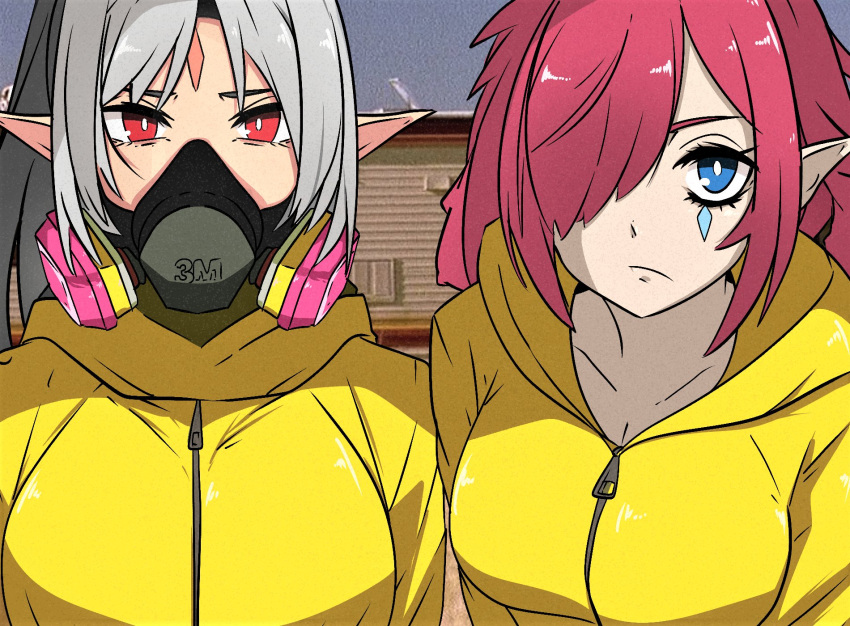 2girls bangs breaking_bad breasts cleavage collarbone facial_mark fire_emblem fire_emblem_heroes forehead_mark grey_hair hazmat_suit highres large_breasts looking_at_viewer medium_breasts multiple_girls parted_bangs plumeria_(fire_emblem) pointy_ears purple_eyes red_eyes red_hair respirator rv thigh_high_tavi triandra_(fire_emblem)