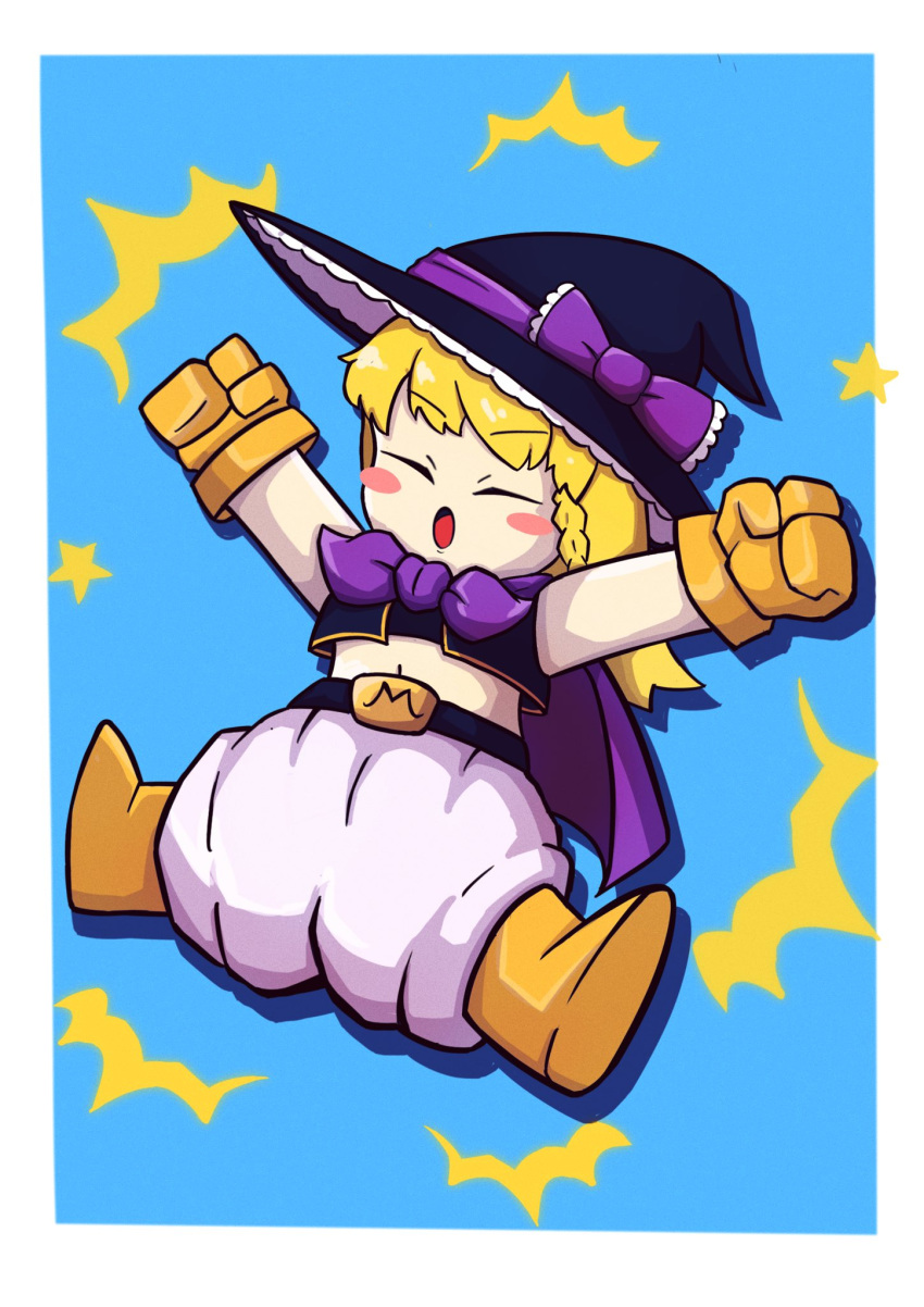 1girl :o black_headwear black_shirt blonde_hair blue_background blush_stickers boots border bow braid cape closed_eyes commentary_request cookie_(touhou) cosplay crop_top dragon_ball dragon_ball_z fat_buu full_body gloves hat hat_bow highres jumping kirisame_marisa long_hair majin_buu majin_buu_(cosplay) medium_bangs navel open_mouth purple_bow purple_cape rei_(cookie) shirt shorts side_braid single_braid solo star_(symbol) tatamaru5382 toriyama_akira_(style) touhou white_border white_shorts witch_hat yellow_footwear yellow_gloves