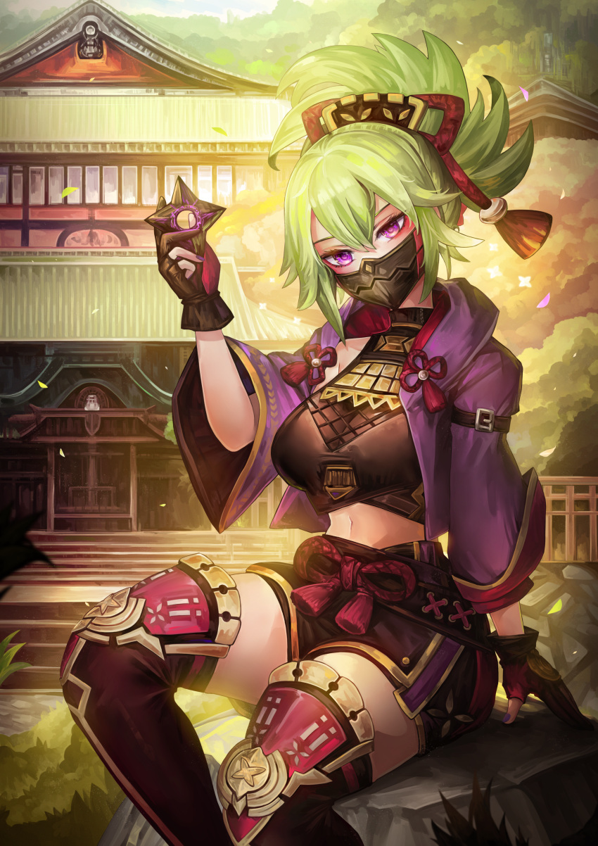 1girl absurdres architecture bangs black_gloves black_mask black_shirt black_shorts black_thighhighs breasts building crop_top cropped_jacket east_asian_architecture feet_out_of_frame fishnets flower_knot genshin_impact gloves green_hair hair_between_eyes hand_up highres holding_shuriken jacket kuki_shinobu looking_at_viewer mask medium_breasts midriff mouth_mask navel ninja ninja_(ragnarok_online) outdoors partially_fingerless_gloves ponytail purple_eyes purple_jacket rope shimenawa shirt short_shorts shorts sidelocks sitting solo tassel thighhighs thighs wide_sleeves ziteng_yue