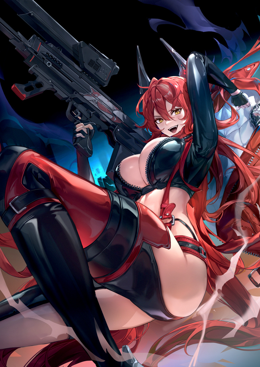 1girl :d absurdres arm_up belt black_belt black_gloves black_horns black_jacket black_pants breasts bullpup cleavage commentary cropped_jacket eru_(eru_illust) fingerless_gloves gloves goddess_of_victory:_nikke gun hair_between_eyes highres hip_vent holding holding_clothes holding_gun holding_jacket holding_weapon horns jacket large_breasts leather leather_jacket leather_pants long_hair long_sleeves looking_at_viewer mechanical_horns open_mouth pants red_hair red_hood_(nikke) red_jacket red_scarf rifle scarf sidelocks smile sniper_rifle solo stomach suspenders teeth thighs unworn_jacket unzipped upper_teeth_only very_long_hair weapon yellow_eyes