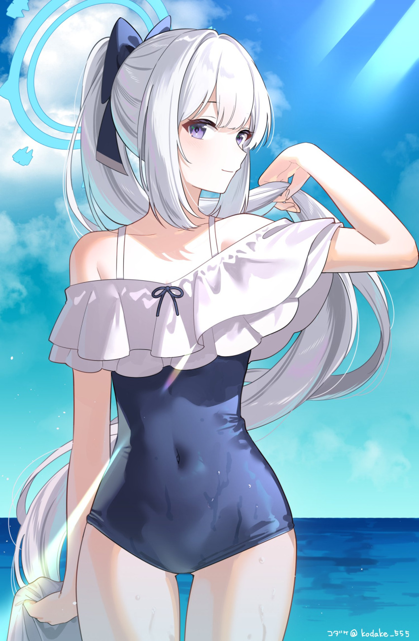 1girl blue_archive blue_bow blue_one-piece_swimsuit bow closed_mouth cloud collarbone commentary commission covered_navel grey_hair hair_bow halo highres holding holding_hair long_hair miyako_(blue_archive) miyako_(swimsuit)_(blue_archive) ocean one-piece_swimsuit purple_eyes shadow skeb_commission sky solo swimsuit takeko_spla thigh_gap twitter_username wet wet_clothes wet_swimsuit