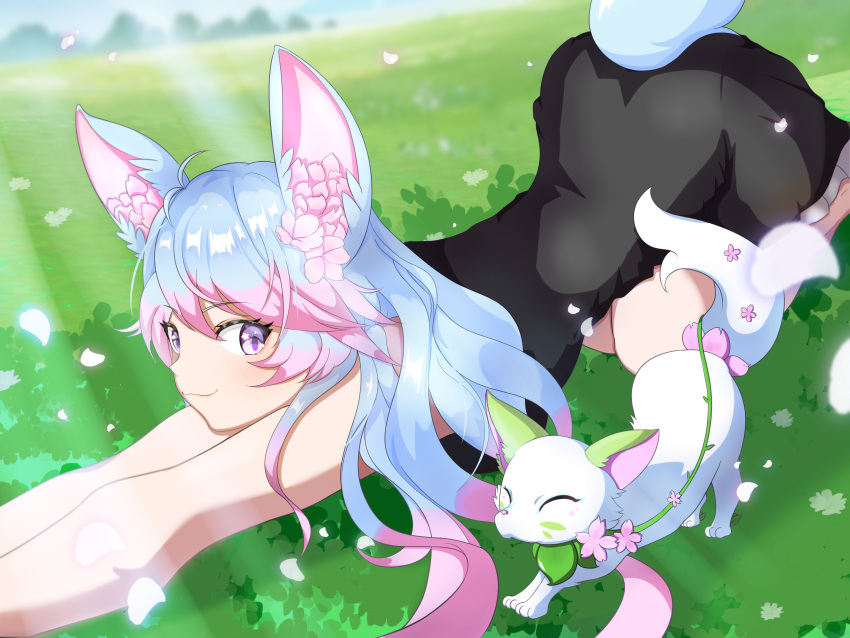 1girl absurdres animal animal_ears antenna_hair black_dress blue_hair blurry blurry_background closed_mouth dress falling_petals flower grass hair_flower hair_ornament highres indie_virtual_youtuber long_hair mayamochi multicolored_hair petals pink_flower pink_hair purple_eyes silvervale star_(symbol) star_in_eye streaked_hair swept_bangs symbol_in_eye tail virtual_youtuber wolf_ears wolf_girl wolf_tail