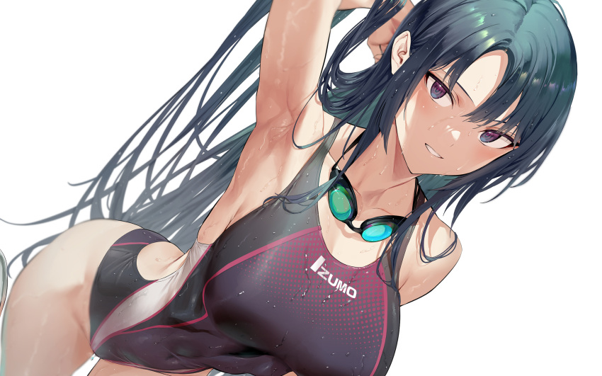 1girl arm_up armpits backless_swimsuit bare_shoulders black_eyes black_hair breasts highres hiiragi_yuuichi large_breasts looking_at_viewer one-piece_swimsuit original parted_bangs purple_one-piece_swimsuit simple_background smile solo swimsuit white_background