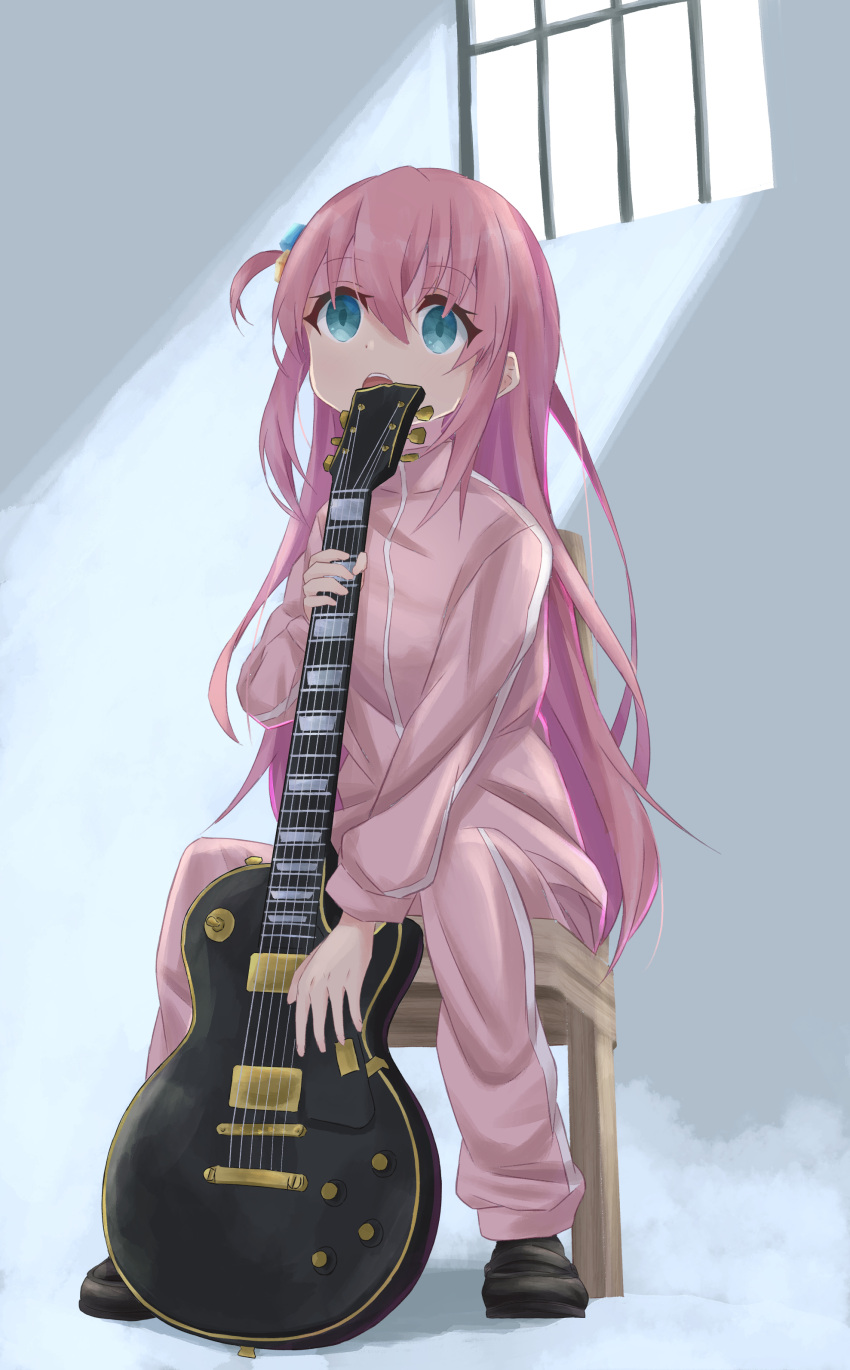 1girl absurdres black_footwear blue_eyes bocchi_the_rock! chinosuke_(cs4126) cube_hair_ornament electric_guitar gibson_les_paul gotoh_hitori guitar gun_fellatio_(shingeki_no_kyojin) hair_ornament highres instrument jacket loafers long_hair long_sleeves open_mouth pants parody pink_hair pink_jacket pink_pants scene_reference shingeki_no_kyojin shoes sidelocks sitting solo